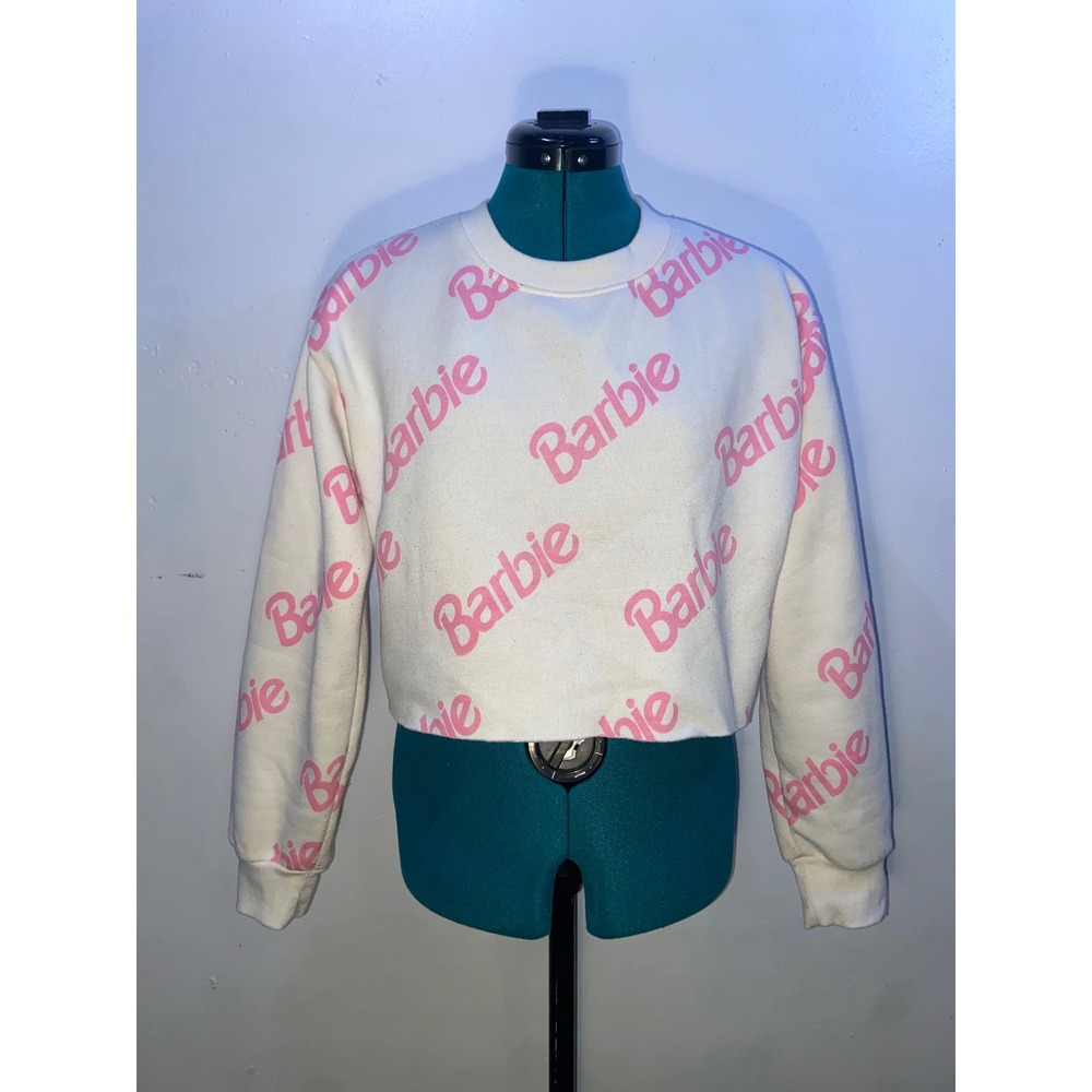 Barbie Cropped Sweatshirt Pink White Pullover Cozy Coquette Girlhood Kidcore - S